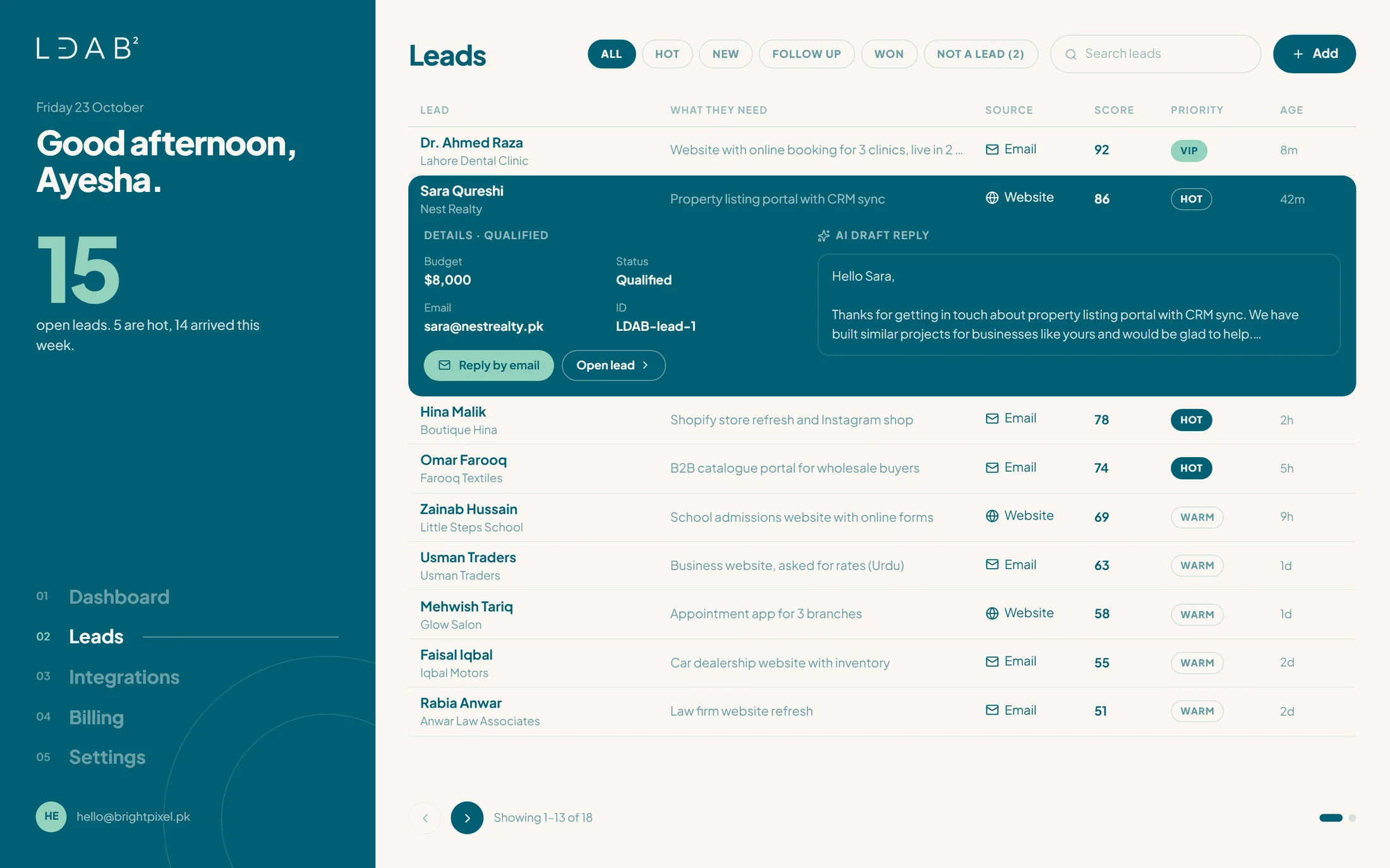 The LDAB leads list with filters and one lead opened in place