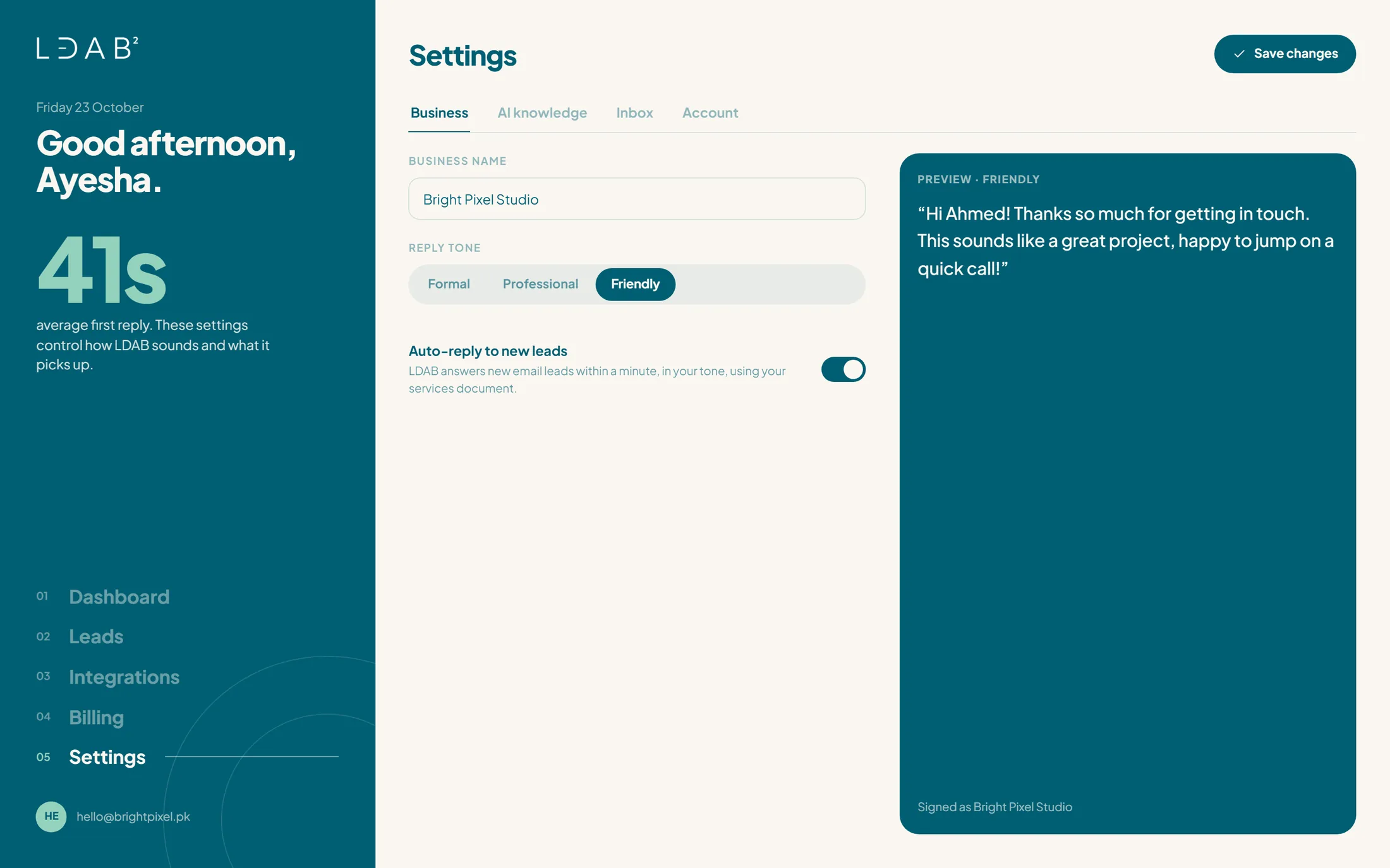 LDAB settings with the reply tone and a live preview